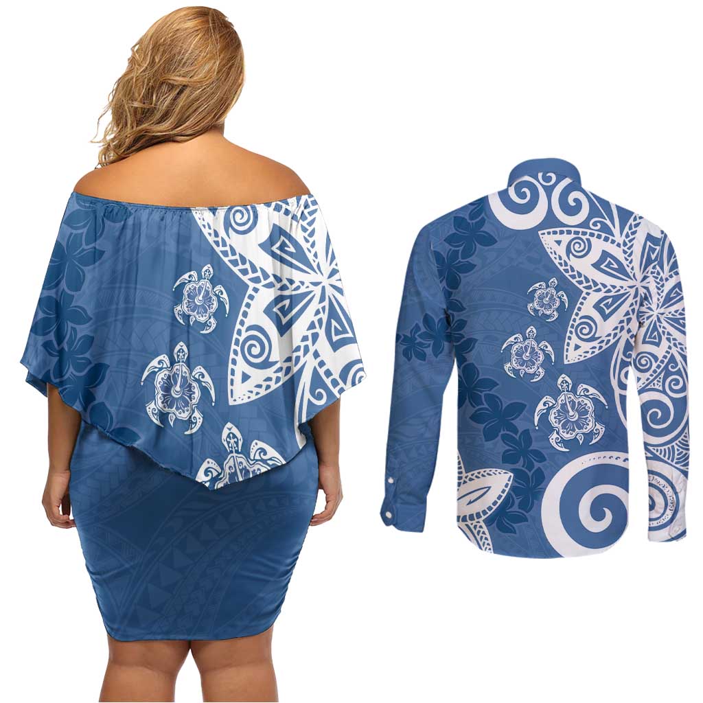 Polynesia Couples Matching Off Shoulder Short Dress and Long Sleeve Button Shirt Blue Tribal Turtle Floral Pattern LT05 - Polynesian Pride