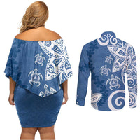 Polynesia Couples Matching Off Shoulder Short Dress and Long Sleeve Button Shirt Blue Tribal Turtle Floral Pattern LT05 - Polynesian Pride