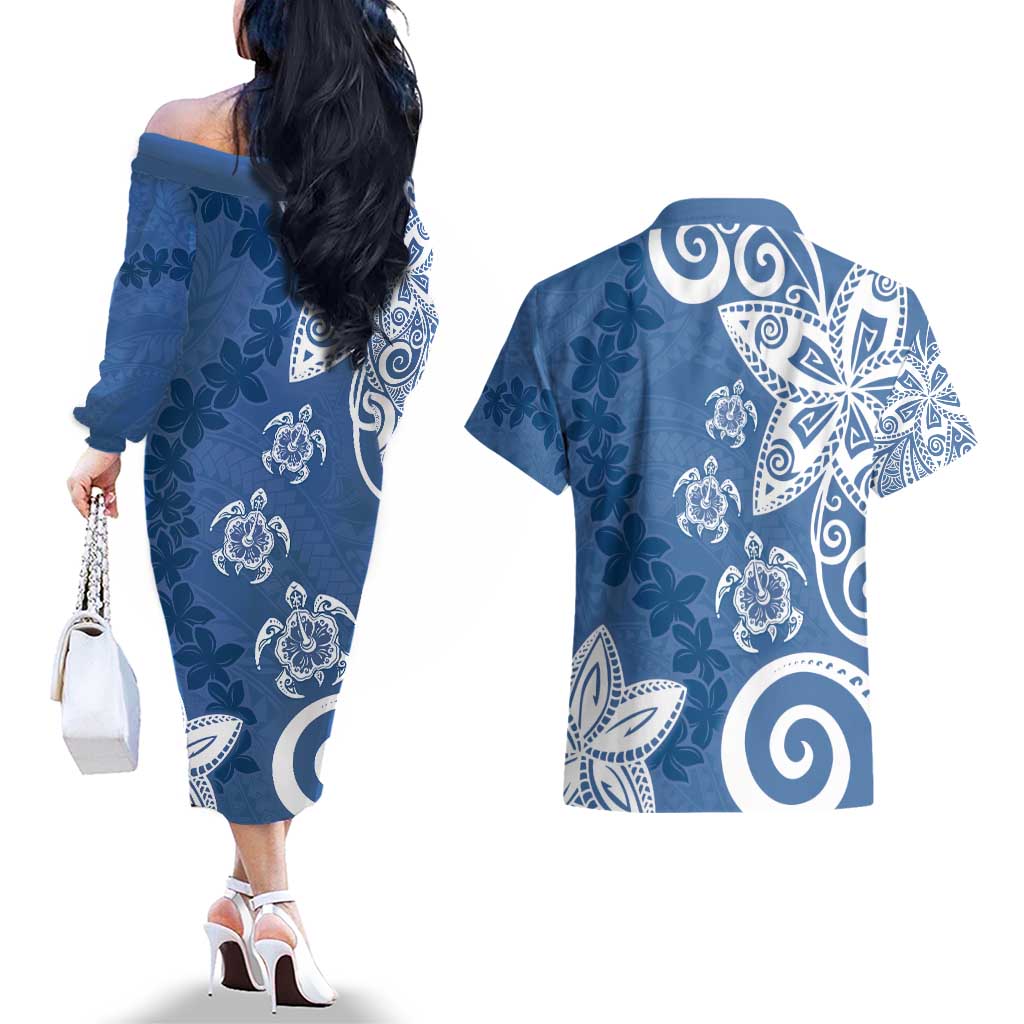 Polynesia Couples Matching Off The Shoulder Long Sleeve Dress and Hawaiian Shirt Blue Tribal Turtle Floral Pattern