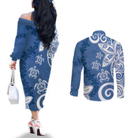 Polynesia Couples Matching Off The Shoulder Long Sleeve Dress and Long Sleeve Button Shirt Blue Tribal Turtle Floral Pattern LT05 - Polynesian Pride