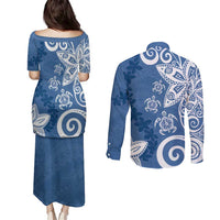 Polynesia Couples Matching Puletasi and Long Sleeve Button Shirt Blue Tribal Turtle Floral Pattern LT05 - Polynesian Pride
