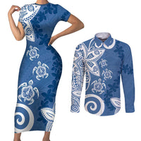 Polynesia Couples Matching Short Sleeve Bodycon Dress and Long Sleeve Button Shirt Blue Tribal Turtle Floral Pattern LT05 Blue - Polynesian Pride