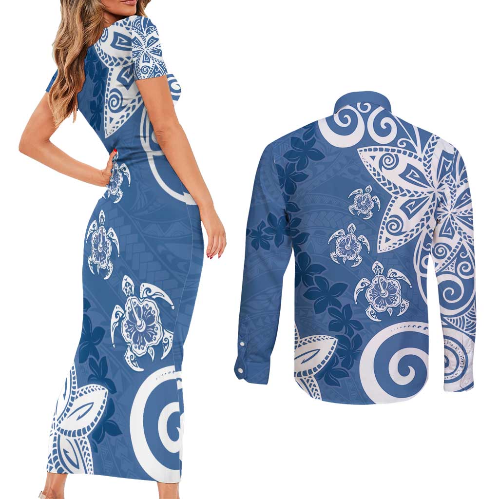 Polynesia Couples Matching Short Sleeve Bodycon Dress and Long Sleeve Button Shirt Blue Tribal Turtle Floral Pattern LT05 - Polynesian Pride