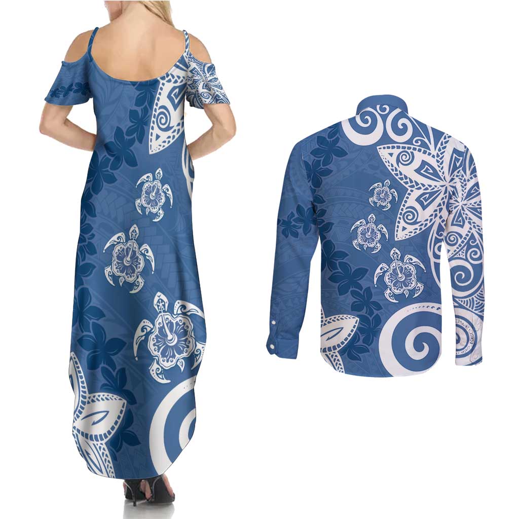 Polynesia Couples Matching Summer Maxi Dress and Long Sleeve Button Shirt Blue Tribal Turtle Floral Pattern LT05 - Polynesian Pride