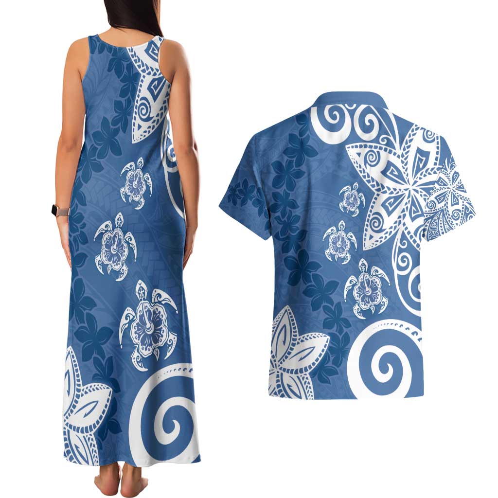 Polynesia Couples Matching Tank Maxi Dress and Hawaiian Shirt Blue Tribal Turtle Floral Pattern