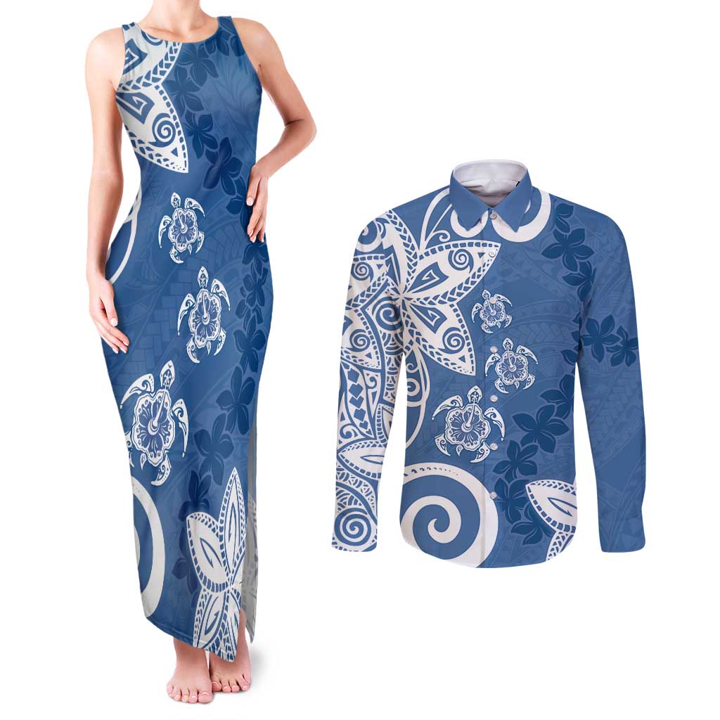 Polynesia Couples Matching Tank Maxi Dress and Long Sleeve Button Shirt Blue Tribal Turtle Floral Pattern LT05 Blue - Polynesian Pride
