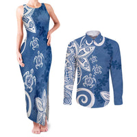 Polynesia Couples Matching Tank Maxi Dress and Long Sleeve Button Shirt Blue Tribal Turtle Floral Pattern LT05 Blue - Polynesian Pride