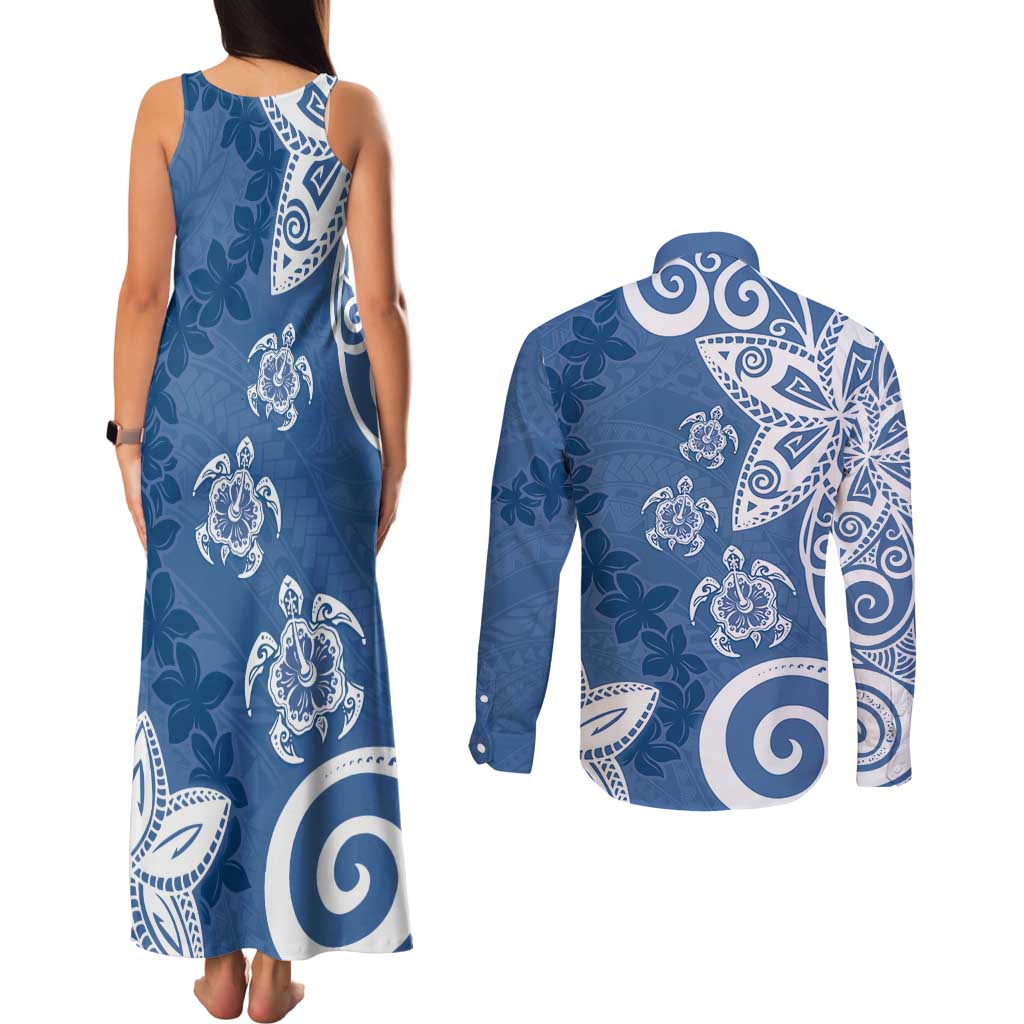Polynesia Couples Matching Tank Maxi Dress and Long Sleeve Button Shirt Blue Tribal Turtle Floral Pattern LT05 - Polynesian Pride