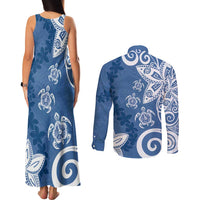 Polynesia Couples Matching Tank Maxi Dress and Long Sleeve Button Shirt Blue Tribal Turtle Floral Pattern LT05 - Polynesian Pride