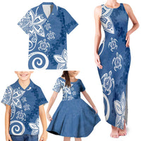 Polynesia Family Matching Tank Maxi Dress and Hawaiian Shirt Blue Tribal Turtle Floral Pattern