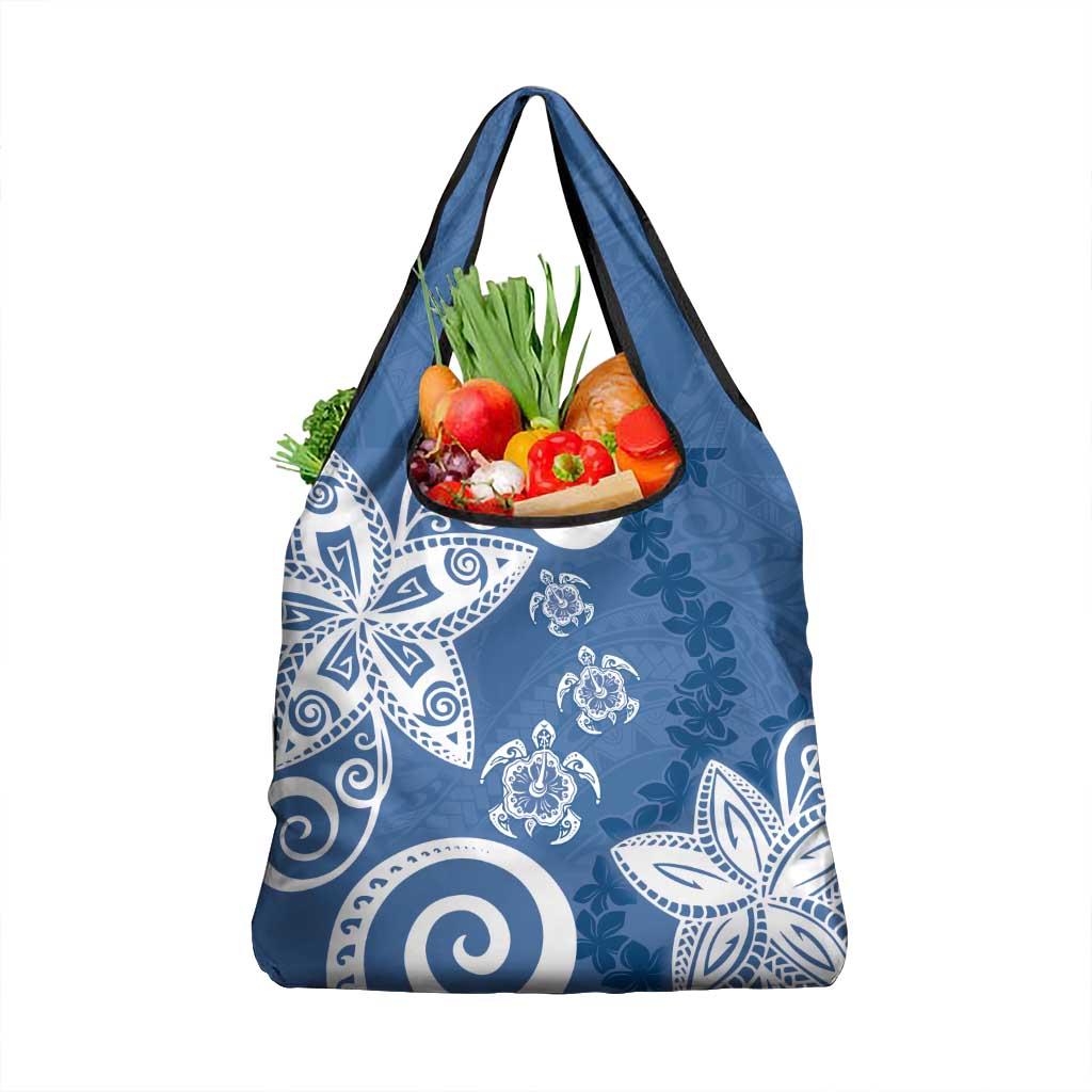 Polynesia Grocery Bag Blue Tribal Turtle Floral Pattern