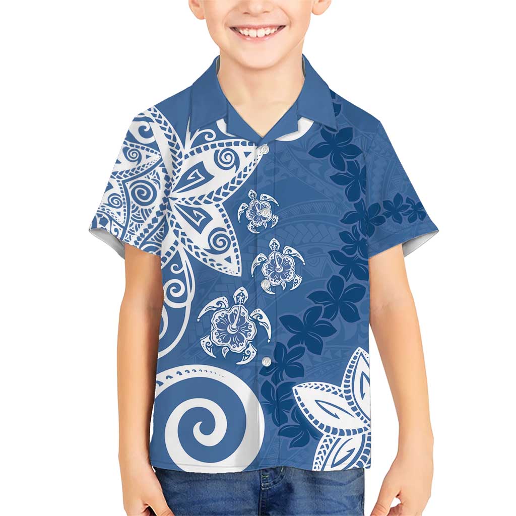 Polynesia Kid Hawaiian Shirt Blue Tribal Turtle Floral Pattern