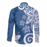 Polynesia Long Sleeve Button Shirt Blue Tribal Turtle Floral Pattern
