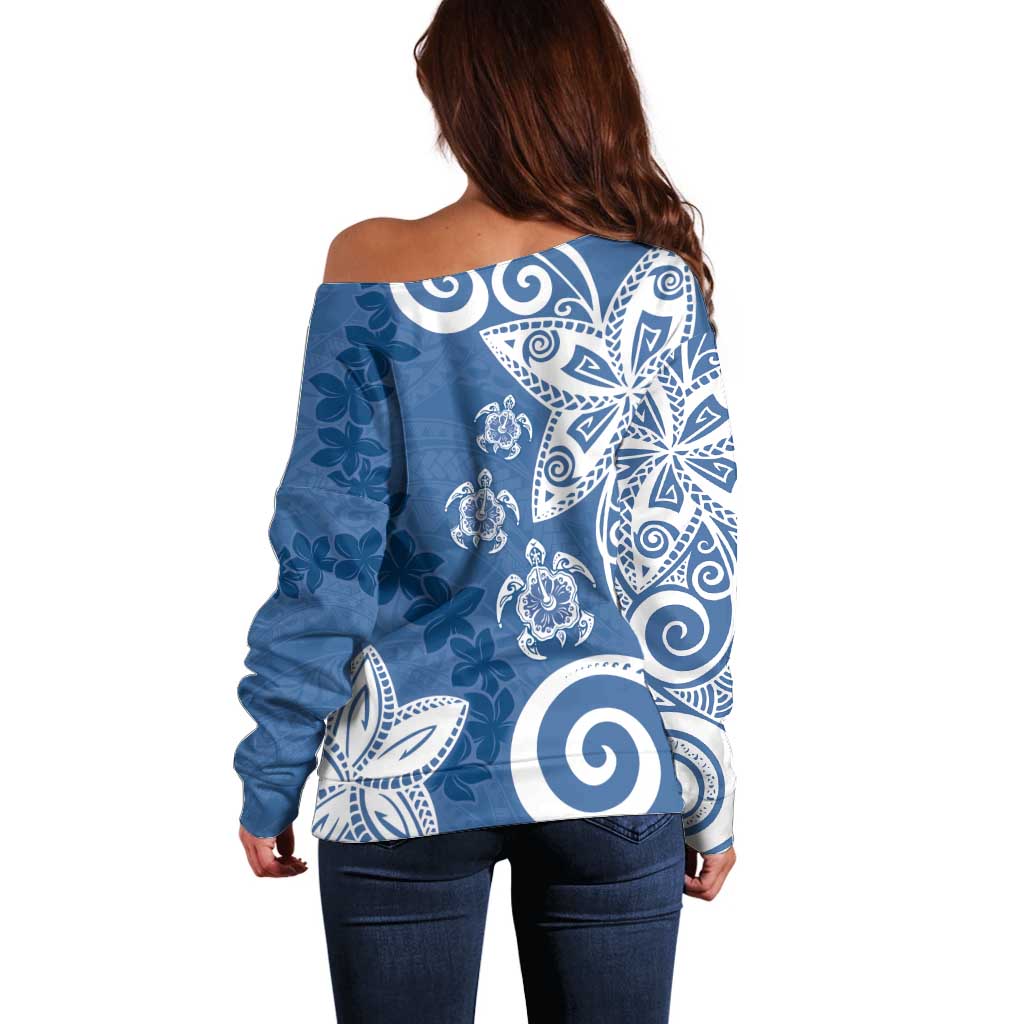 Polynesia Off Shoulder Sweater Blue Tribal Turtle Floral Pattern