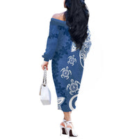 Polynesia Off The Shoulder Long Sleeve Dress Blue Tribal Turtle Floral Pattern LT05 - Polynesian Pride