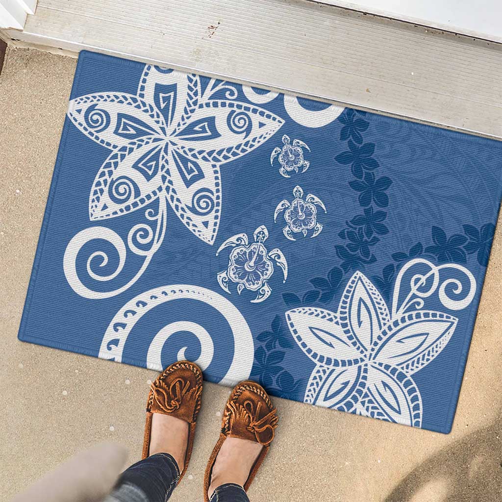 Polynesia Rubber Doormat Blue Tribal Turtle Floral Pattern