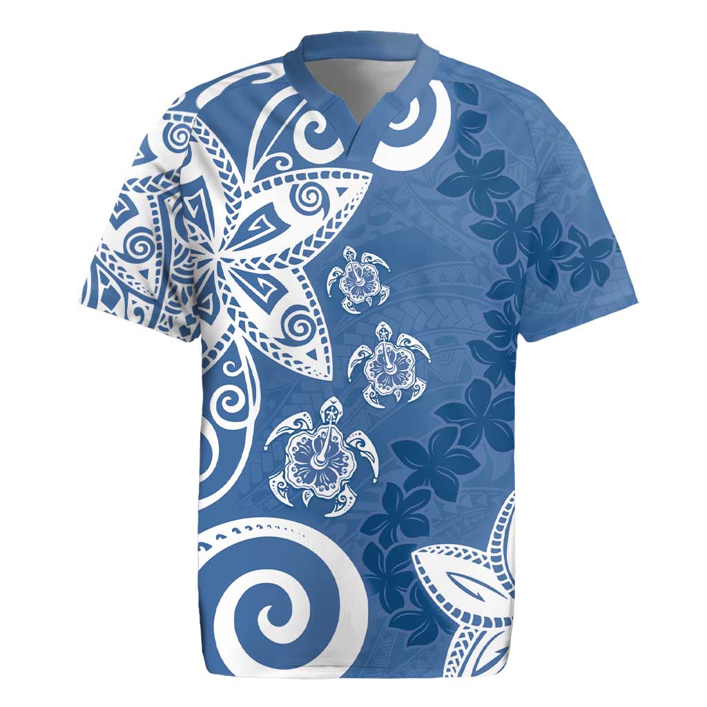 Polynesia Rugby Jersey Blue Tribal Turtle Floral Pattern