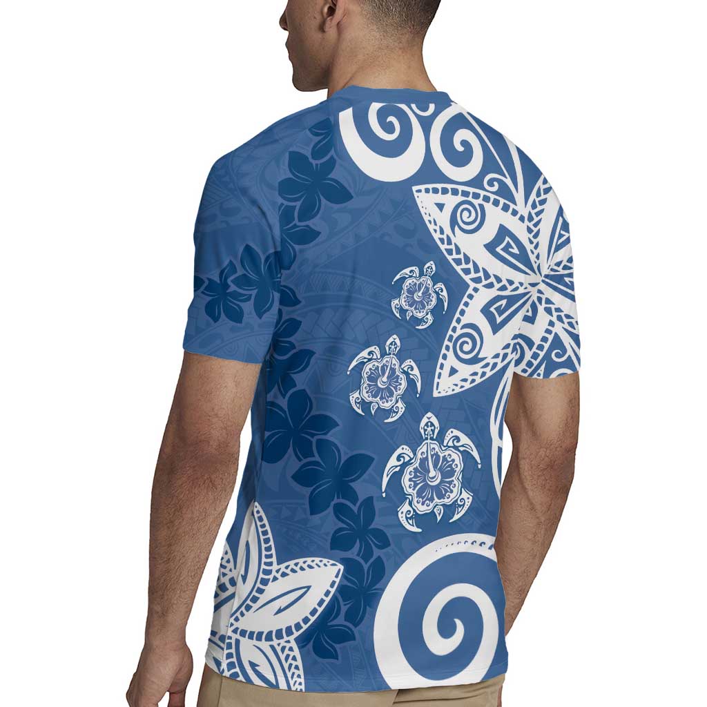 Polynesia Rugby Jersey Blue Tribal Turtle Floral Pattern