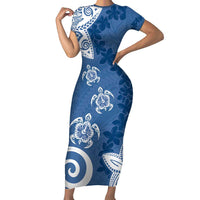 Polynesia Short Sleeve Bodycon Dress Blue Tribal Turtle Floral Pattern LT05 Long Dress Blue - Polynesian Pride