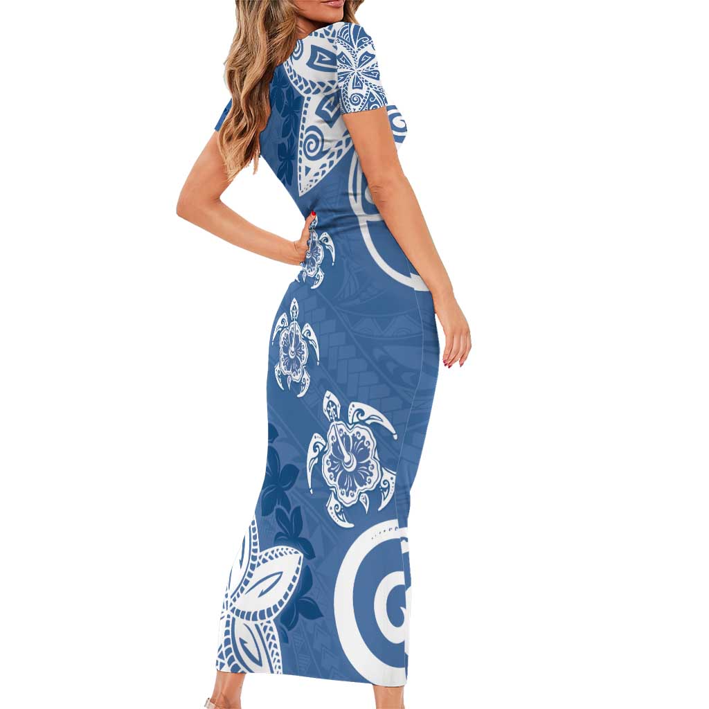 Polynesia Short Sleeve Bodycon Dress Blue Tribal Turtle Floral Pattern LT05 - Polynesian Pride