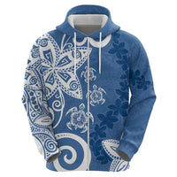 Polynesia Zip Hoodie Blue Tribal Turtle Floral Pattern