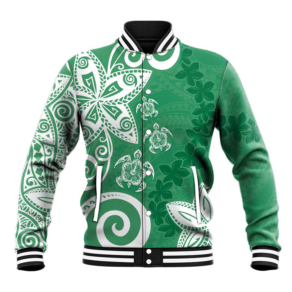 Polynesia Baseball Jacket Green Tribal Turtle Floral Pattern LT05 Unisex Green - Polynesian Pride