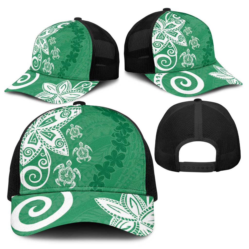 Polynesia Baseball Net Cap Green Tribal Turtle Floral Pattern - Polynesian Pride