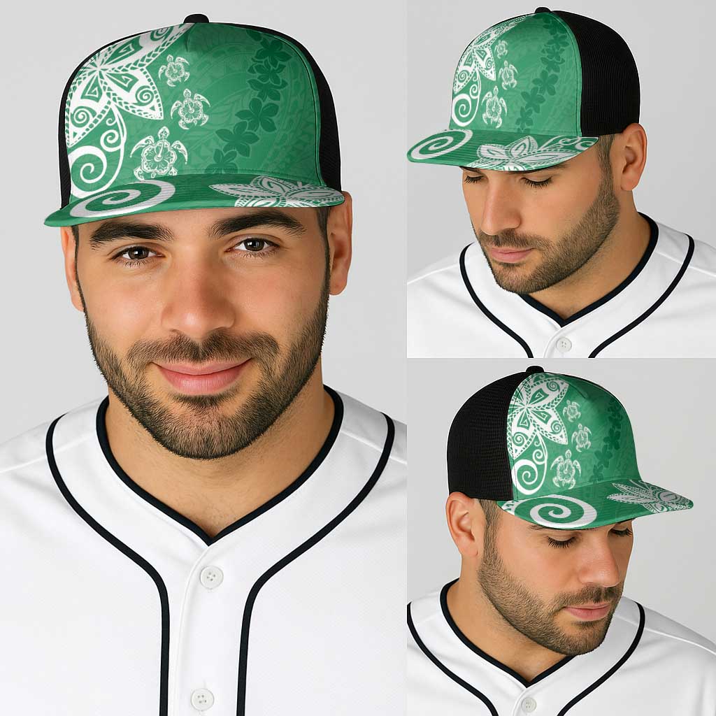 Polynesia Baseball Net Cap Green Tribal Turtle Floral Pattern - Polynesian Pride