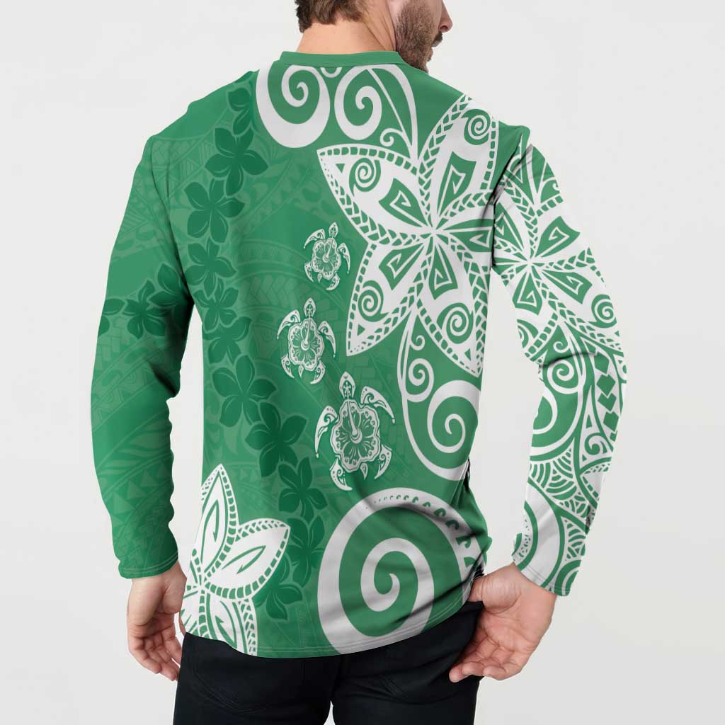 Polynesia Button Sweatshirt Green Tribal Turtle Floral Pattern
