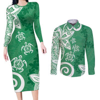Polynesia Couples Matching Long Sleeve Bodycon Dress and Long Sleeve Button Shirt Green Tribal Turtle Floral Pattern LT05 Green - Polynesian Pride