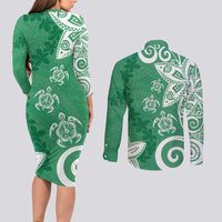 Polynesia Couples Matching Long Sleeve Bodycon Dress and Long Sleeve Button Shirt Green Tribal Turtle Floral Pattern LT05 - Polynesian Pride