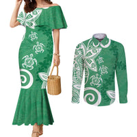Polynesia Couples Matching Mermaid Dress and Long Sleeve Button Shirt Green Tribal Turtle Floral Pattern LT05 Green - Polynesian Pride