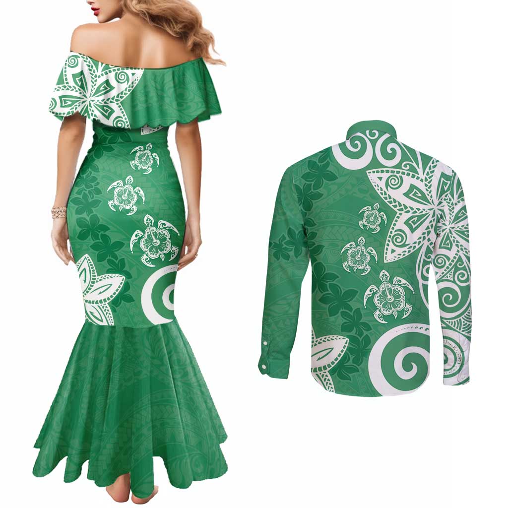 Polynesia Couples Matching Mermaid Dress and Long Sleeve Button Shirt Green Tribal Turtle Floral Pattern LT05 - Polynesian Pride