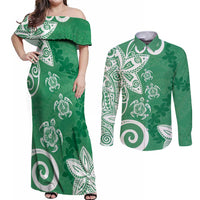 Polynesia Couples Matching Off Shoulder Maxi Dress and Long Sleeve Button Shirt Green Tribal Turtle Floral Pattern LT05 Green - Polynesian Pride