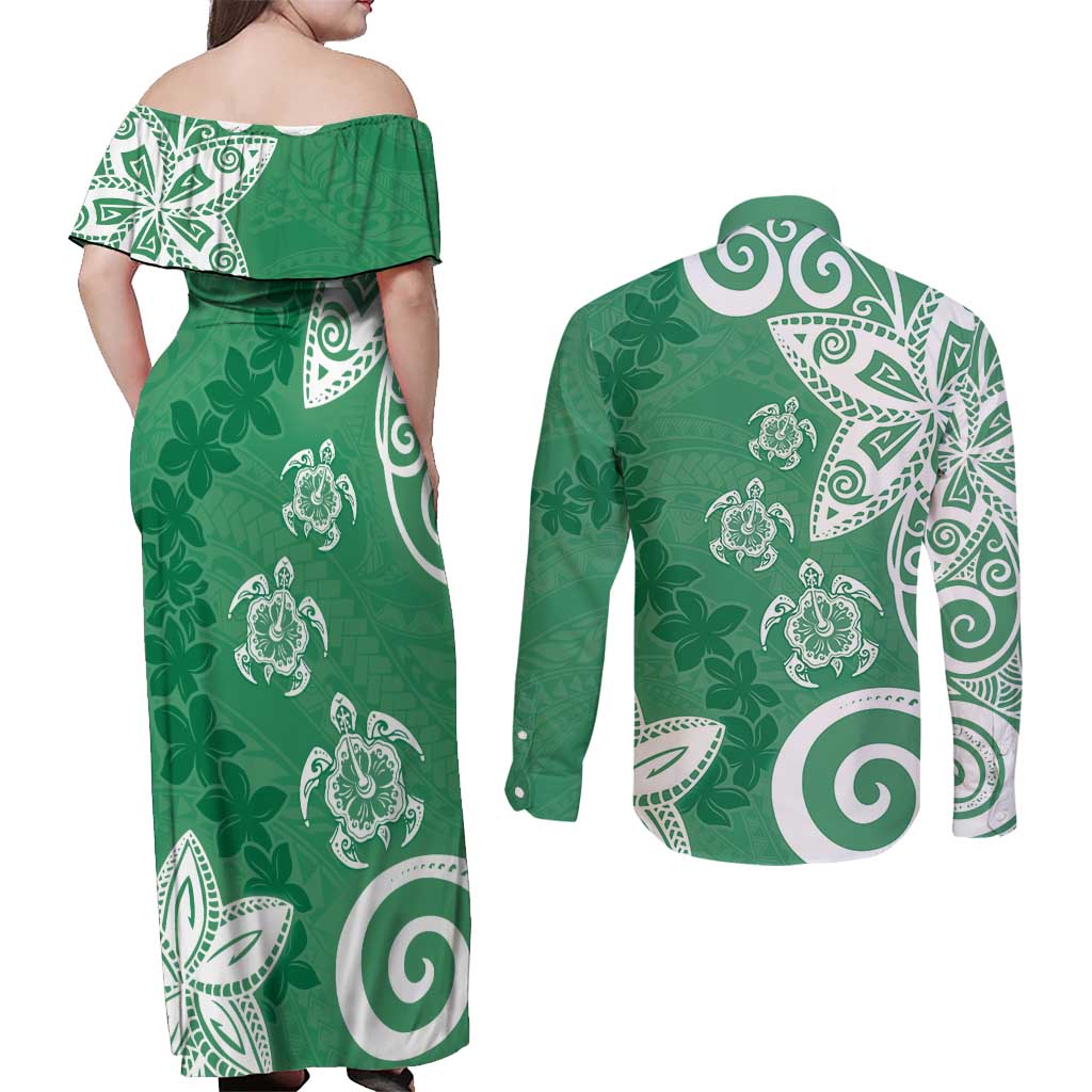 Polynesia Couples Matching Off Shoulder Maxi Dress and Long Sleeve Button Shirt Green Tribal Turtle Floral Pattern LT05 - Polynesian Pride