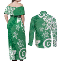Polynesia Couples Matching Off Shoulder Maxi Dress and Long Sleeve Button Shirt Green Tribal Turtle Floral Pattern LT05 - Polynesian Pride