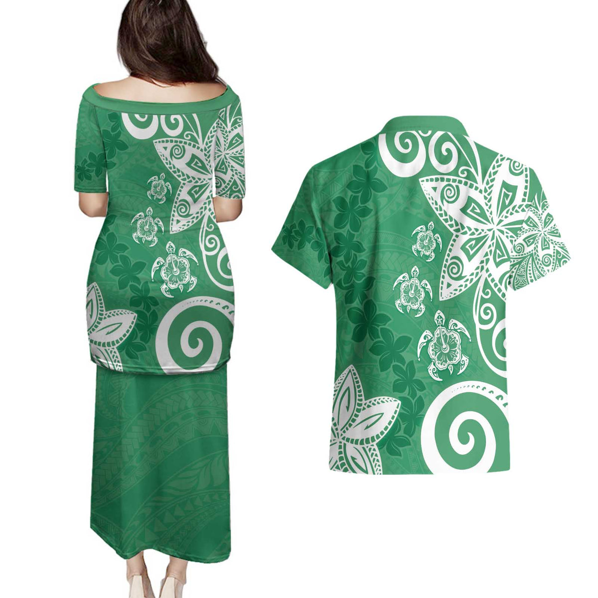 Polynesia Couples Matching Puletasi and Hawaiian Shirt Green Tribal Turtle Floral Pattern