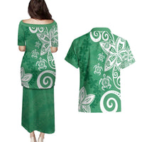 Polynesia Couples Matching Puletasi and Hawaiian Shirt Green Tribal Turtle Floral Pattern