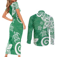 Polynesia Couples Matching Short Sleeve Bodycon Dress and Long Sleeve Button Shirt Green Tribal Turtle Floral Pattern LT05 - Polynesian Pride