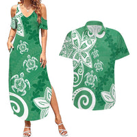 Polynesia Couples Matching Summer Maxi Dress and Hawaiian Shirt Green Tribal Turtle Floral Pattern