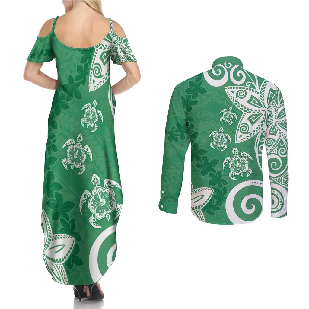Polynesia Couples Matching Summer Maxi Dress and Long Sleeve Button Shirt Green Tribal Turtle Floral Pattern LT05 - Polynesian Pride