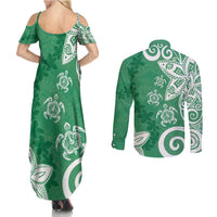 Polynesia Couples Matching Summer Maxi Dress and Long Sleeve Button Shirt Green Tribal Turtle Floral Pattern LT05 - Polynesian Pride