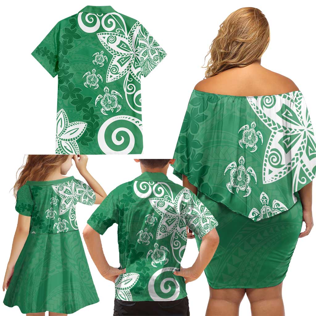 Polynesia Family Matching Off Shoulder Short Dress and Hawaiian Shirt Green Tribal Turtle Floral Pattern