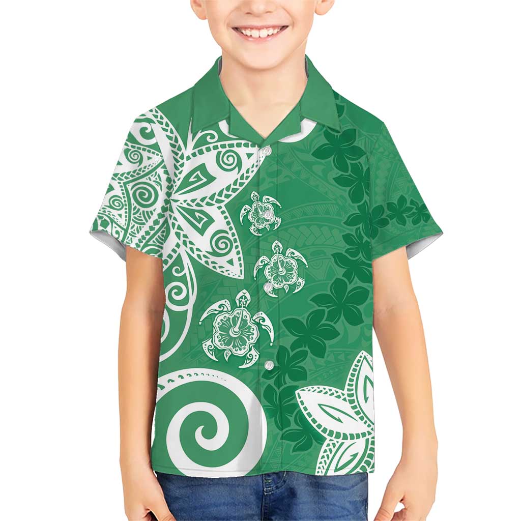 Polynesia Kid Hawaiian Shirt Green Tribal Turtle Floral Pattern