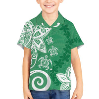 Polynesia Kid Hawaiian Shirt Green Tribal Turtle Floral Pattern