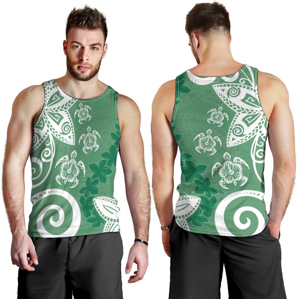 Polynesia Men Tank Top Green Tribal Turtle Floral Pattern