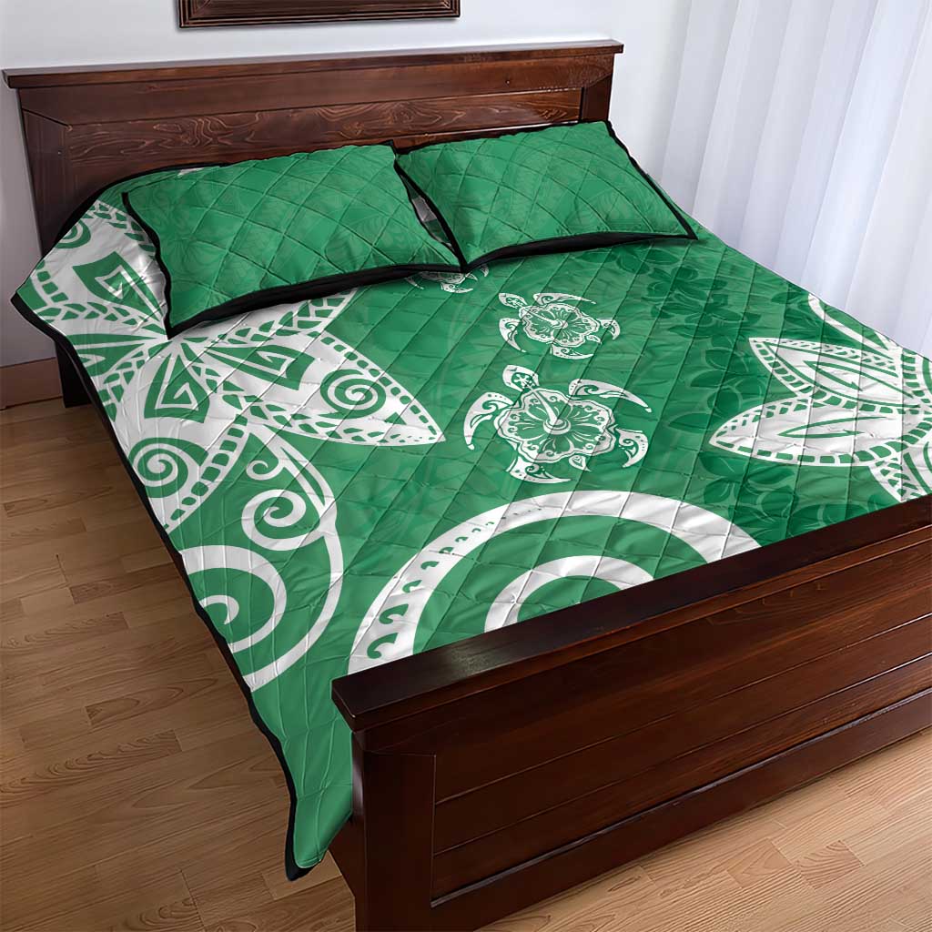 Polynesia Quilt Bed Set Green Tribal Turtle Floral Pattern