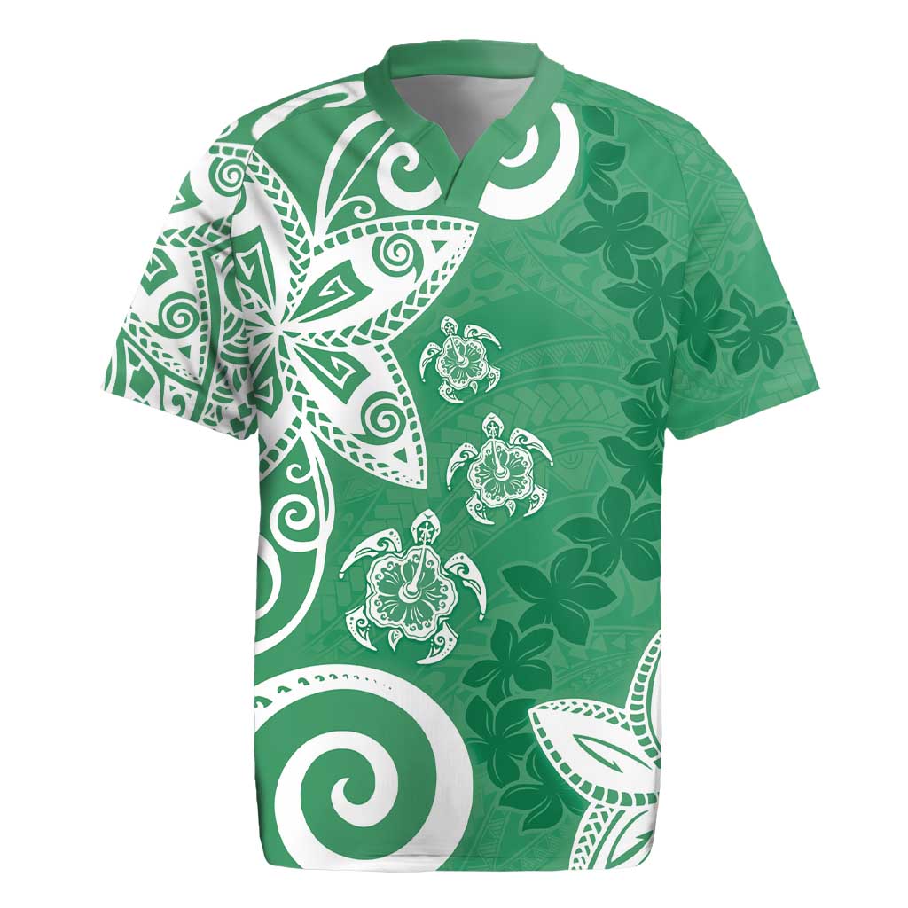 Polynesia Rugby Jersey Green Tribal Turtle Floral Pattern