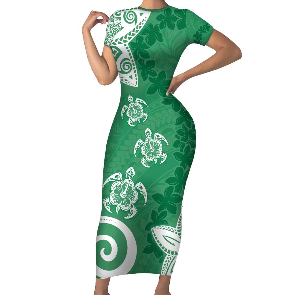 Polynesia Short Sleeve Bodycon Dress Green Tribal Turtle Floral Pattern LT05 Long Dress Green - Polynesian Pride
