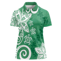 Polynesia Women Polo Shirt Green Tribal Turtle Floral Pattern